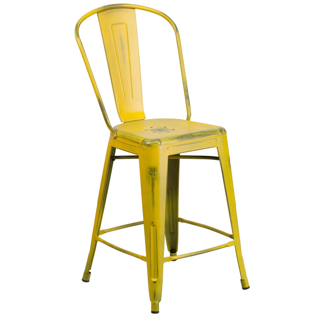 Flash Furniture 40.25&#x22; Yellow Distressed Outdoor Patio Counter Height Stool with Back